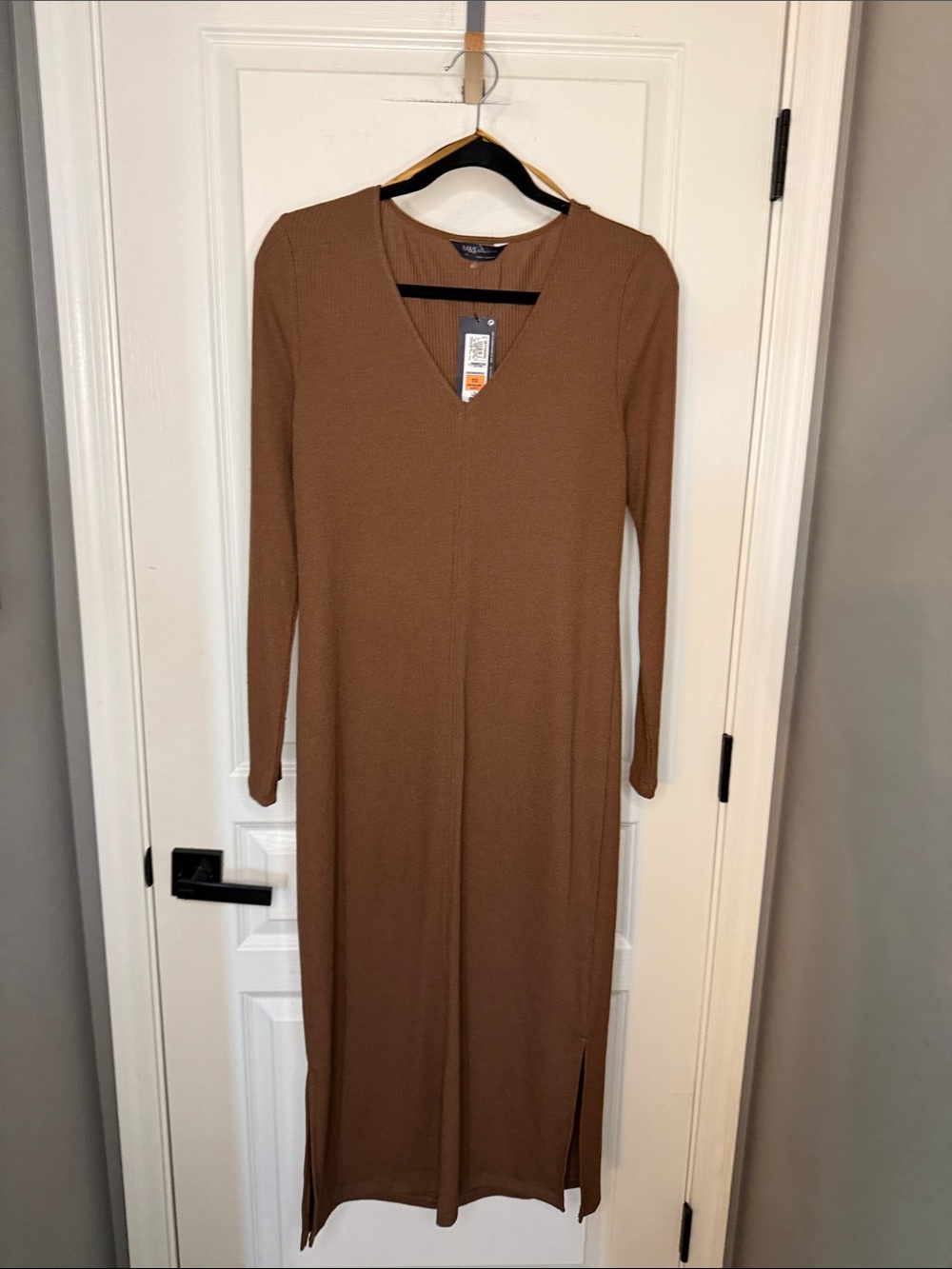 Long-Sleeve V-Neck Ribbed Maxi Dress in Brown by White House Black Market